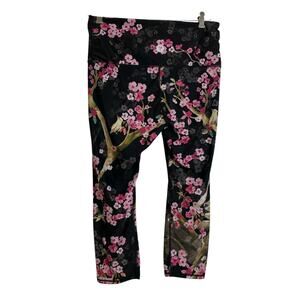Black Floral Leggings with Pink Cherry Blossom Print